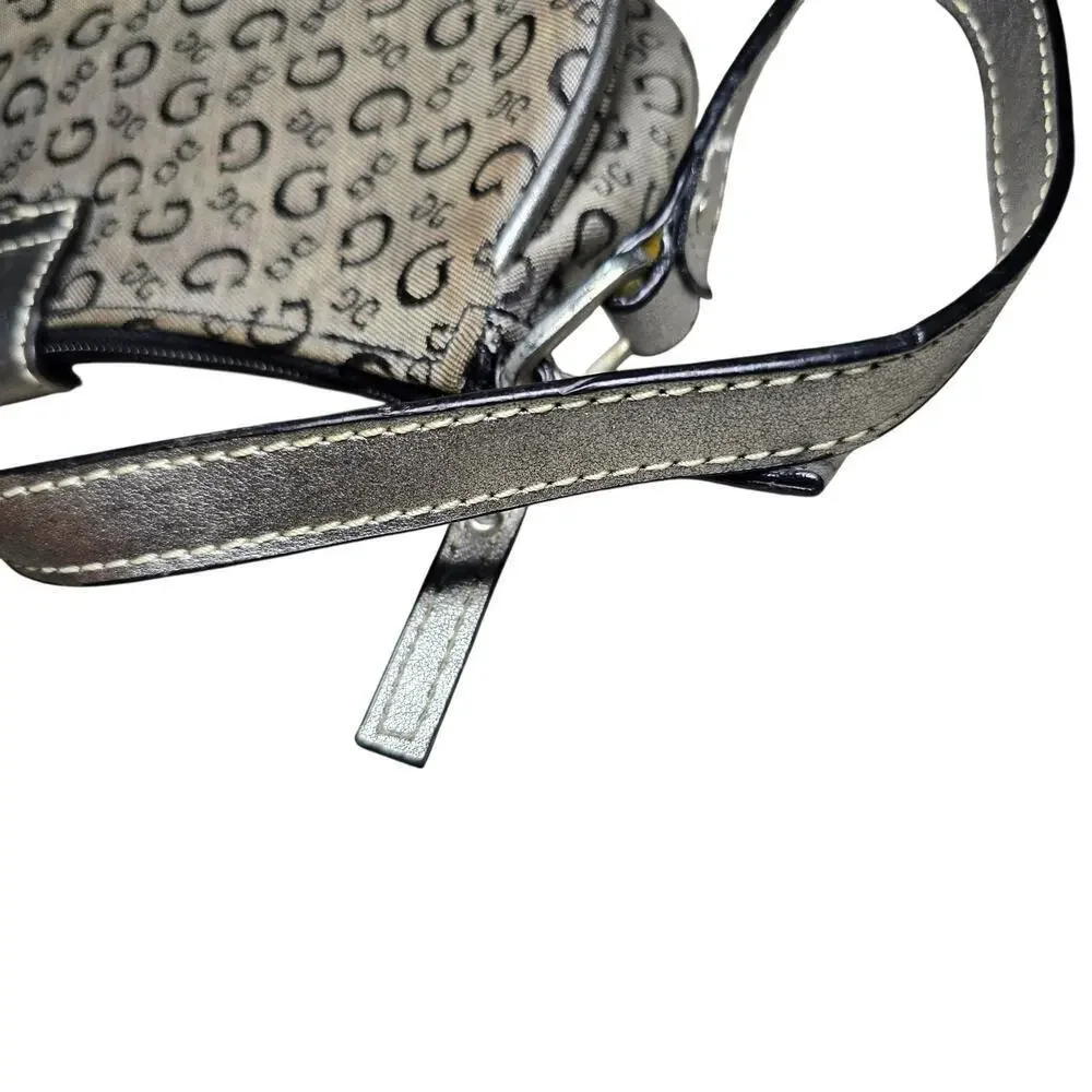 Y2K GUESS Mini Shoulder Bag Grey Monogram Buckle Detail Vintage 2000s McBling
